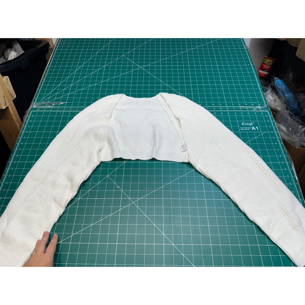White Ribbed Knit Shrug Sweater Long Sleeve Cropped Bolero Cardigan Small